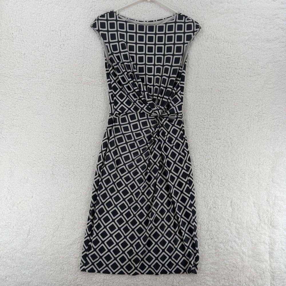 Lauren Ralph Lauren Dress Womens 4 Black White Geometric Print Knot‎ Waist Midi